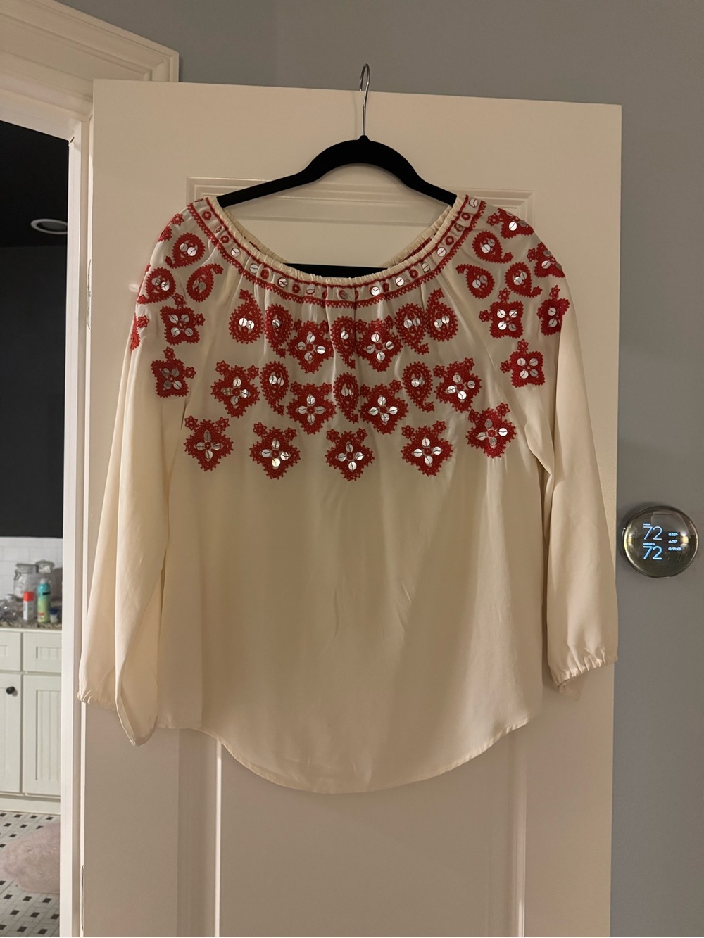 Tory Burch Cream Blouse with Red Embroidered Yoke - Picture 4 of 9